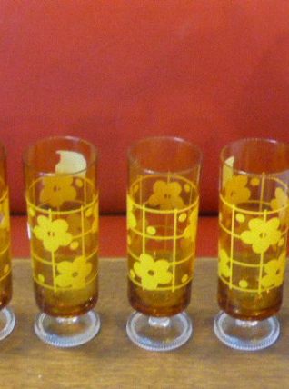 4 flutes en verre jaune, fleurs de lotus vintage 1970