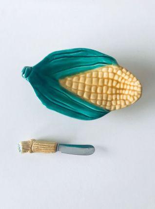 Ensemble beurrier et couteau épi de maïs, céramique barbotin