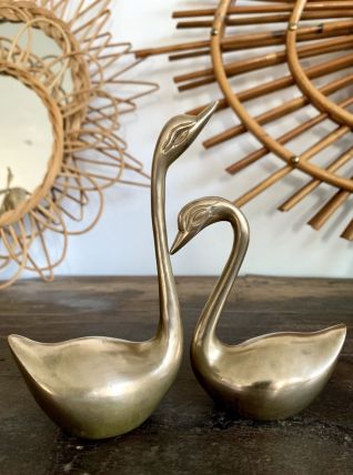 Duo de 2 cygnes ou canards en laiton vintage