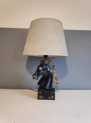lampe tête de cheval en plâtre et abat-jour gris bleu