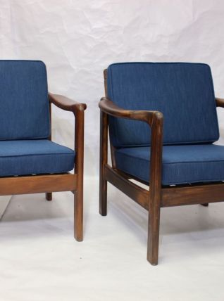 Paire de fauteuils style scandinave années 60 tissu bleu