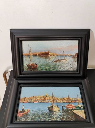 Paire de peintures à l'huile sur toile années 1930 signées M