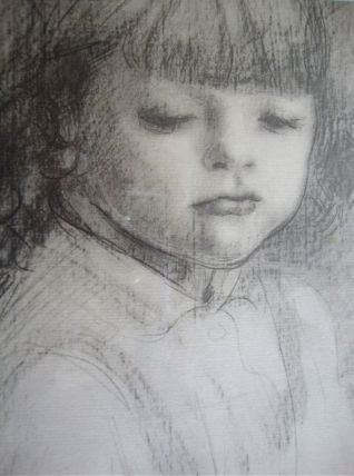 Tableau - Portrait de fillette signé Messina. Dessin.