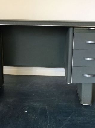 Bureau industriel vintage 3 tiroirs, gris foncé + métal 