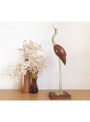 Grand héron en bois et laiton 