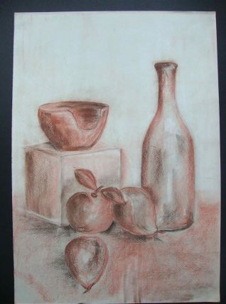 Tableau Nature morte fruits et bouteille