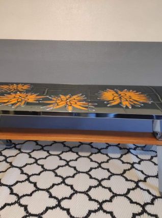 table basse vintage plateau céramique fleurs orange 