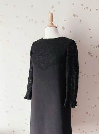 Vintage 60 robe trapèze crêpe  dentelle noire M