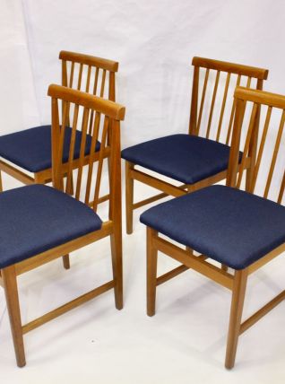 Set de 4 chaises scandinave année 50 restaurées tissu bleu f