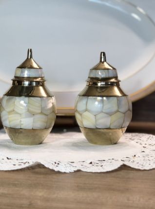 2 Pots en Nacre et Laiton - Vintage - Très Bon Etat