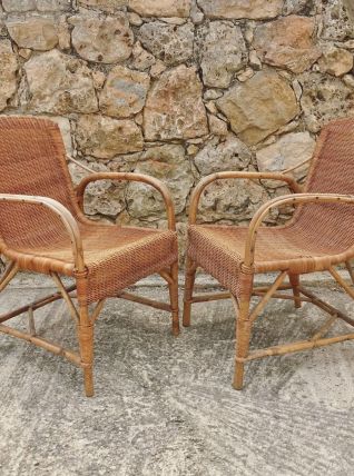 Paire de fauteuils en rotin Audoux Minet 1960