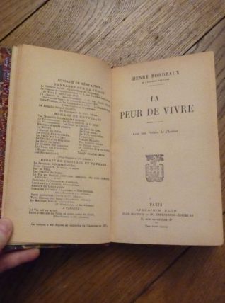 La Peur De Vivre- Henry Bordeaux- Librairie Plon