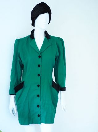 Robe crayon en laine verte forêt manches gigots 80s