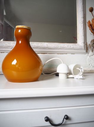 Globe de suspension lampe abat jour verre opaline ocre vinta