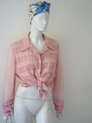 Chemisier oversize en voile et dentelle rose vintage 70's