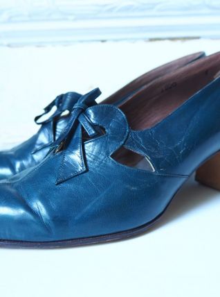 Chaussures derbies à talon en cuir bleu canard vintage 30's