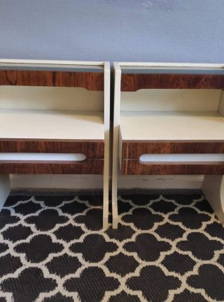 chevets vintage en tek et laminé blanc avec tablette  verre