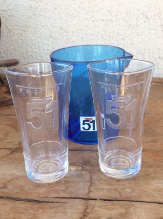 Lot PASTIS 51, 1 verre RARE et pichet bleu