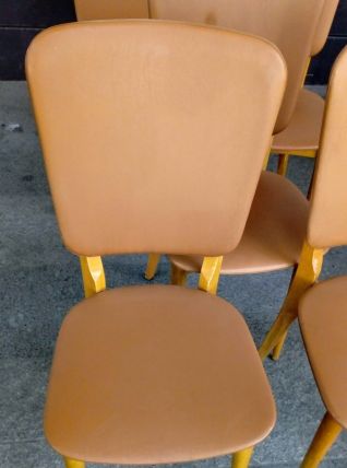 6 Chaises skaï marron doré des années 50