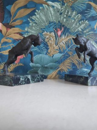 serre-livres bouquetins anciens, base en beau marbre noir 