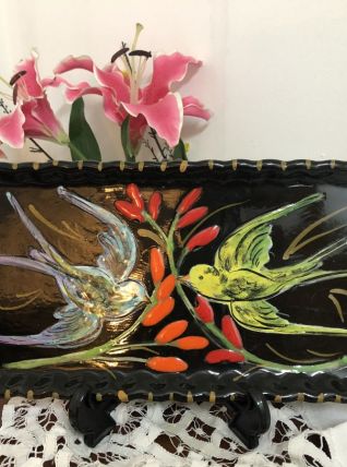 Grand plat à cake Vallauris vintage en faïence émaillée