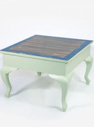 Table basse pieds galbés en bois massif verte bleue grise