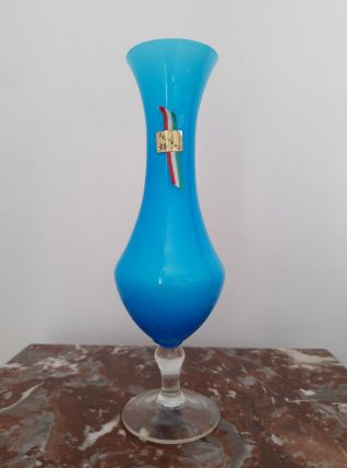 Vase vintage opaline bleue Italie dans sa boite