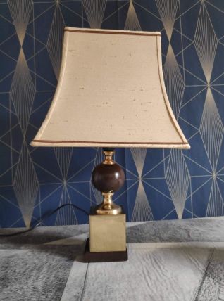 lampe à poser vintage, pied bois et laiton, abat-jour tissu