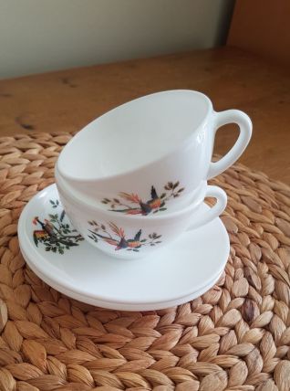 Lot de 2 tasses et soucoupes Arcopal  - Motif oiseaux faisan