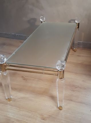  petite table basse  1970  or et verre et plexiglass 100x45x