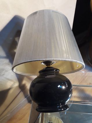 lampe ceramique noir et abat jour en files d argent  1980   