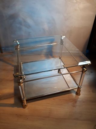 petite table basse 70s  or ,verre,miroir et  , plexiglas   t