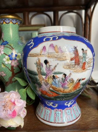Vase Rond ancien , en Porcelaine de Canton , Bleu