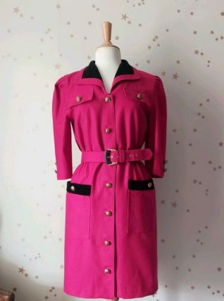 80s robe laine fuschia velours noir S/M