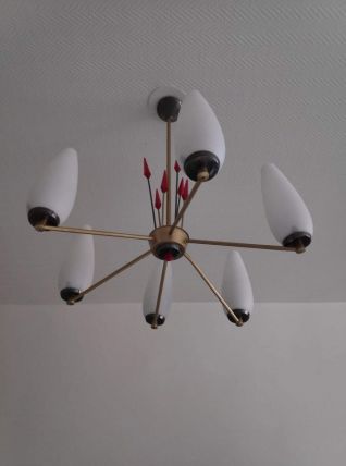 lustre vintage or et rouge avec tulipes opaline