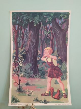 AFFICHE PÉDAGOGIQUE ROSSIGNOL "POUCET ET SON AMI L'ÉCUREUIL 