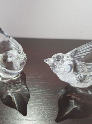 Paire bougeoirs oiseaux en cristal