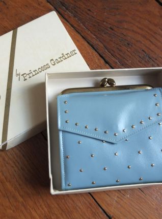 porte-feuille bleu glacier  en cuir, neuf, vintage