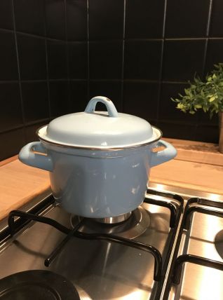 Petite cocotte en métal émaillé de couleur bleu clair