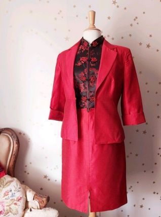 90s ensemble tailleur jupe veste rouge L