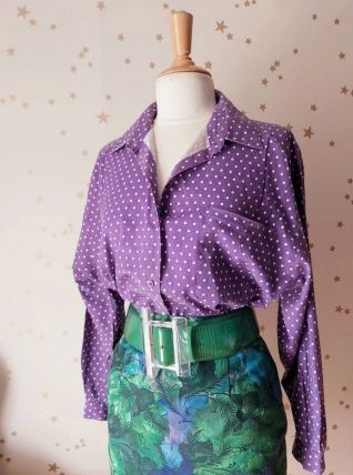 70s chemise oversize pois violet blanc
