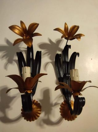 appliques murales vintage 2 fleurs noires et vieil or
