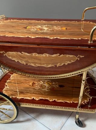 Desserte roulante vintage en marqueterie et laiton 70'S