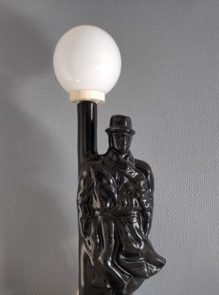 lampe détective en céramique noire et globe opaline blanche