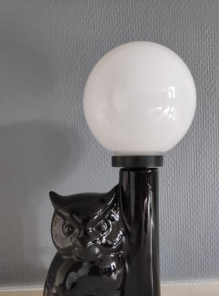 lampe chouette en céramique noire et globe en opaline 