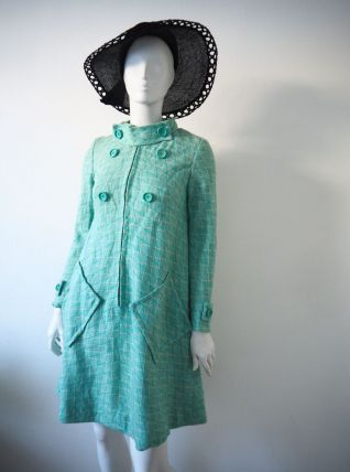 Manteau robe trapèze laine vert d'eau pastel vintage 60's
