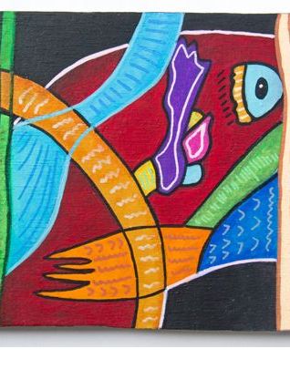 Peinture ethnique sur bois de récupération.  Pièce unique.