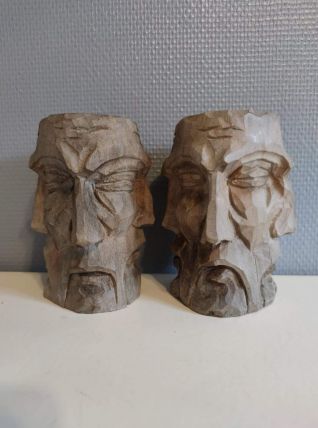 vases en bois sculpté en forme de 4 visages