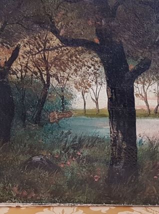Peinture à l'huile foret lacustre, école française