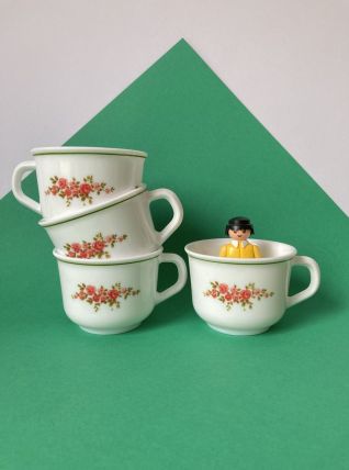 4 tasses à café à motif floral rouge et vert  des années 80 
